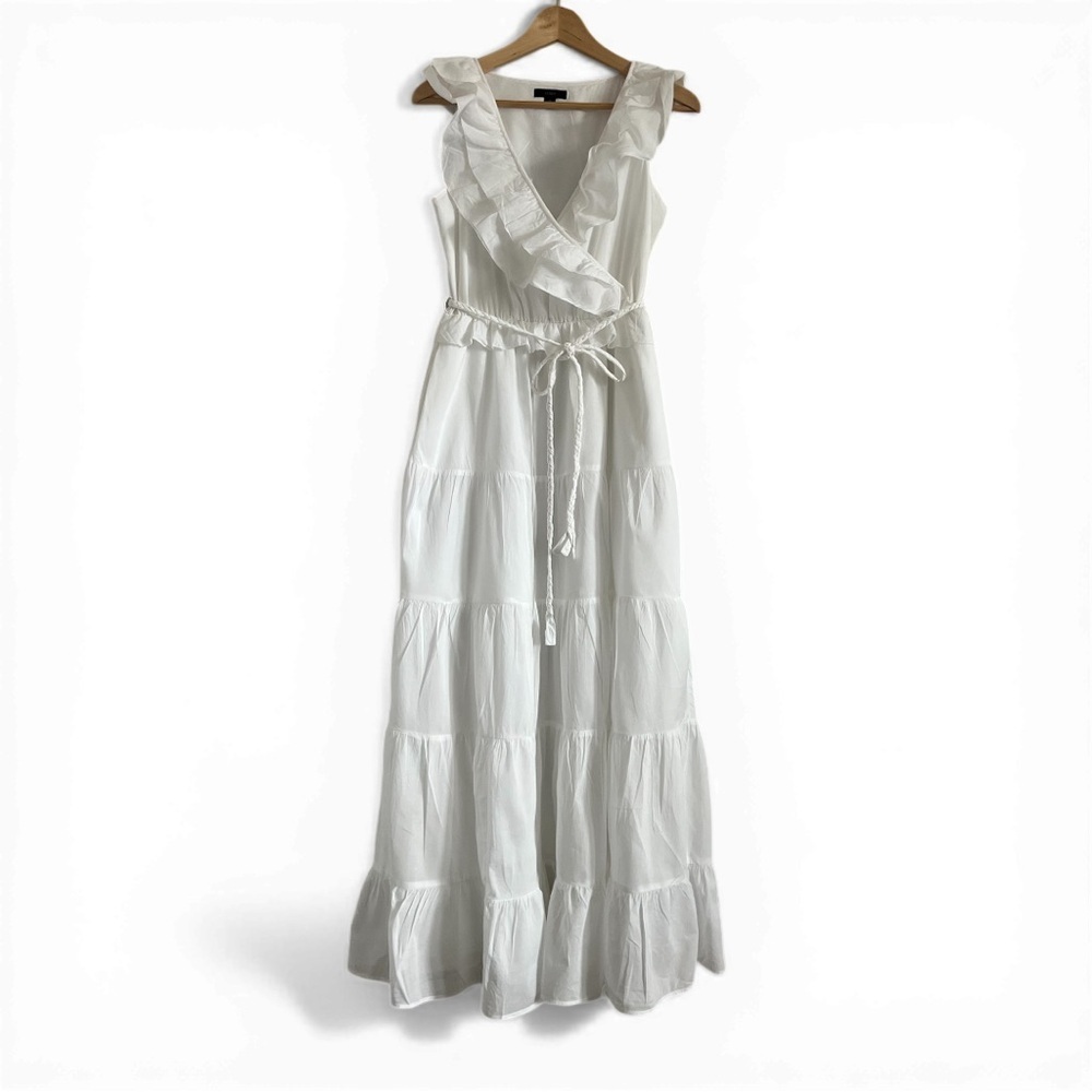 J Crew Womenโs White Ruffle Maxi Dress with Tie Waist Size 0